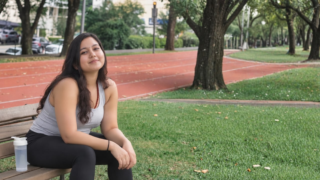 A woman taking a quiet moment on a bench beside a running track