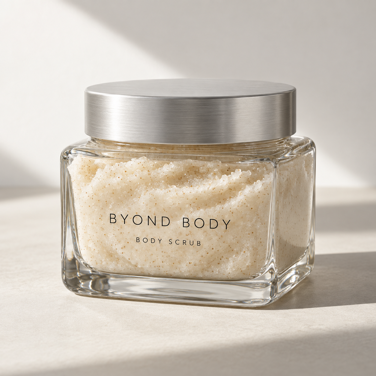 Planned Byond Body packaging: a square clear-glass jar with a silver lid and visible scrub texture